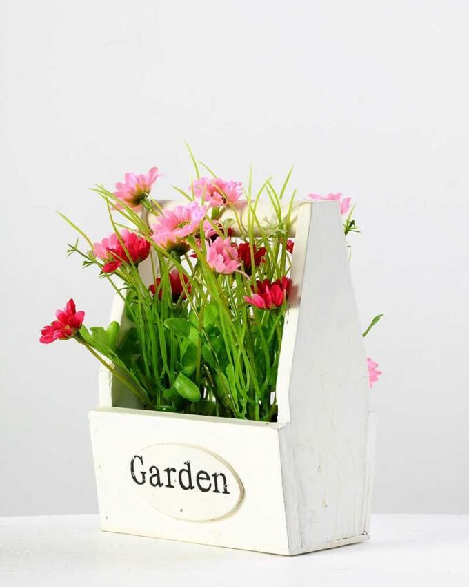 19cm Chrysanthemum Mums Silk Flower in Wood Planter 1 19cm Chrysanthemum Mums Silk Flower in Wood Planter