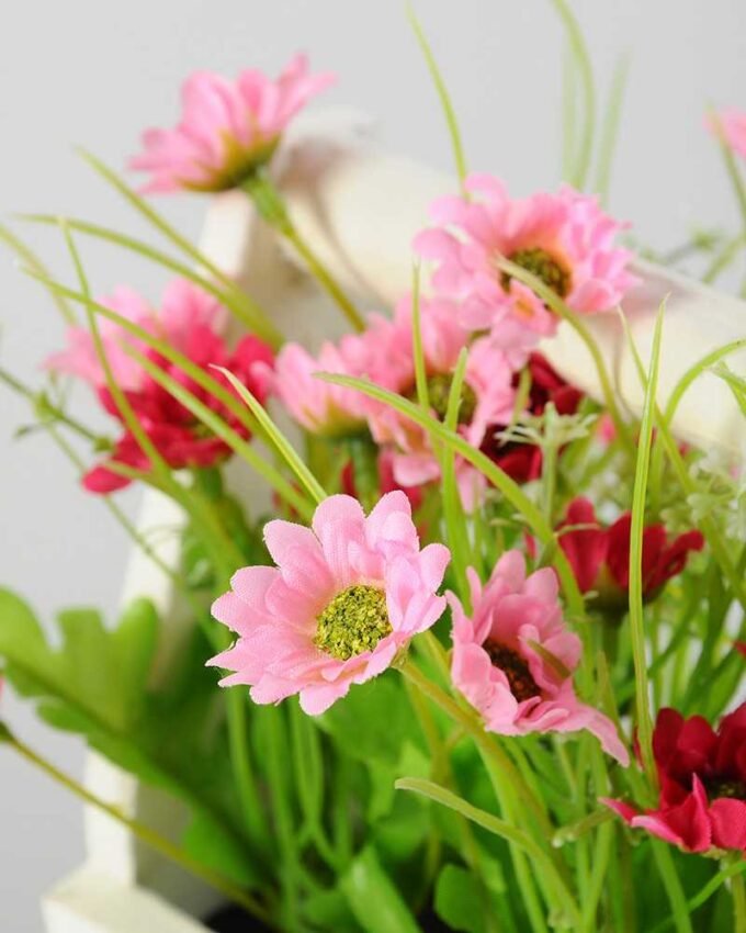 19cm Chrysanthemum Mums Silk Flower in Wood Planter 3 19cm Chrysanthemum Mums Silk Flower in Wood Planter