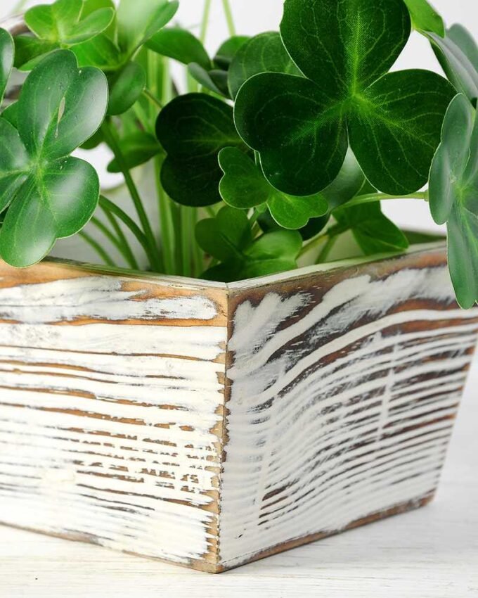 12cm Clover Artificial Plant  in Wood Planter 4 12cm Clover Artificial Plant  in Wood Planter