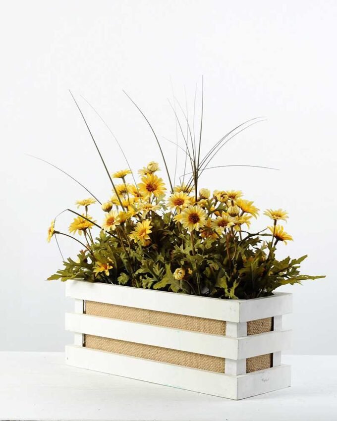 28cm Daisy With Wood Planter Silk Flower Arrangement 1 28cm Daisy With Wood Planter Silk Flower Arrangement