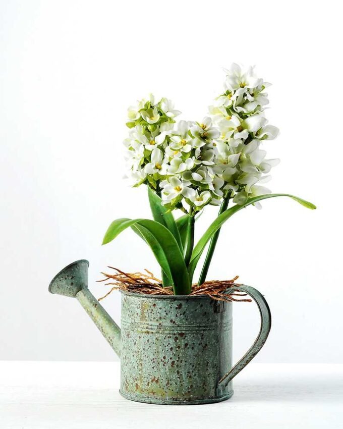 28cm Hyacinth Silk Flower  in Metal Watering Can 3 28cm Hyacinth Silk Flower  in Metal Watering Can