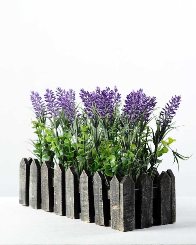 22cm Lavender Silk Flower  in Wood Planter