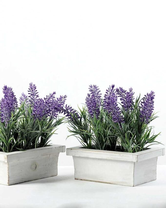17cm Lavender Silk Flower  in Wood Planter
