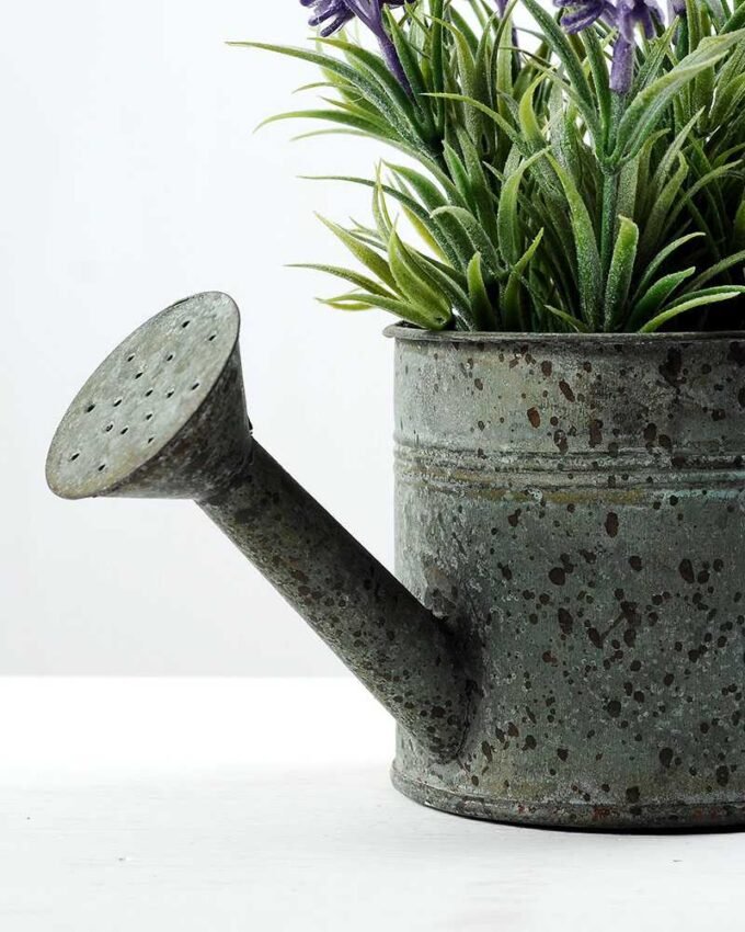20cm Lavender Silk Flower  in Metal Watering Can 4 20cm Lavender Silk Flower  in Metal Watering Can