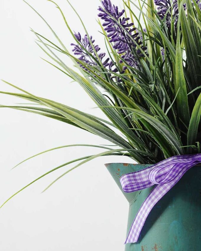 26cm Lavender Silk Flower  in Metal watering can,