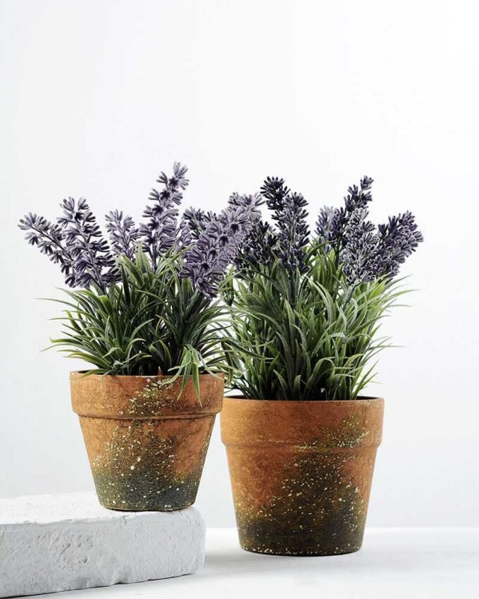 6 Heads Lavender Silk Flower  in Paper Pulp pot 5 6 Heads Lavender Silk Flower  in Paper Pulp pot