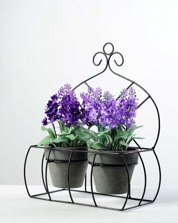 18cm Lavender Silk Flower  in Paper Pulp pot in Metal Frame