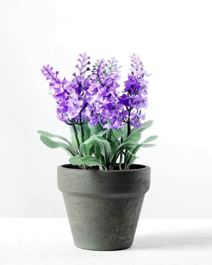 18cm Lavender Silk Flower  in Paper Pulp pot in Metal Frame