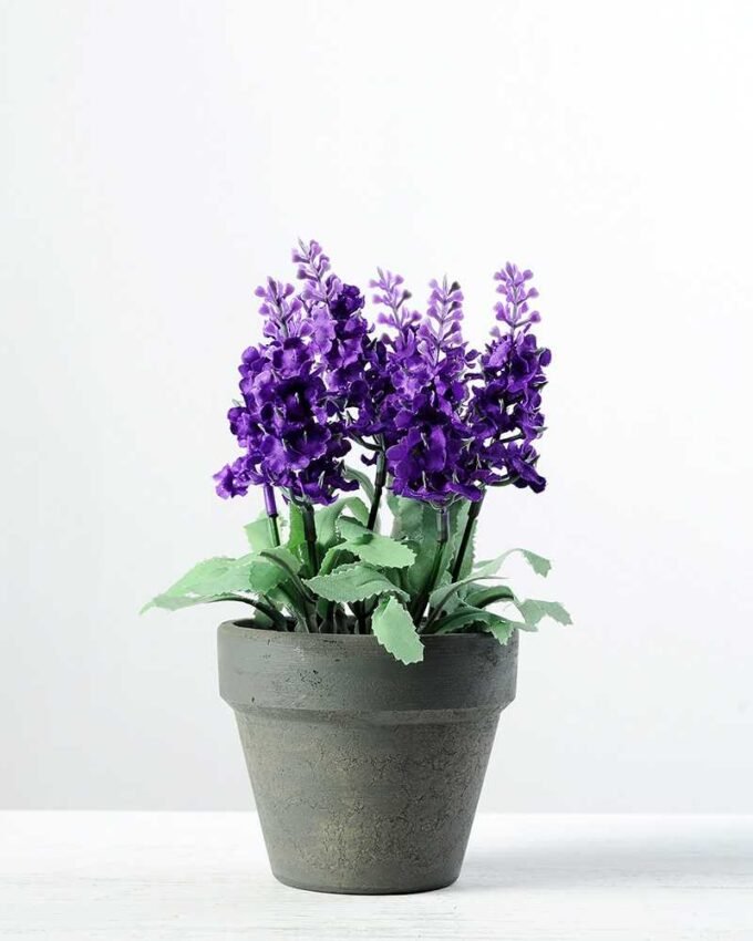 18cm Lavender Silk Flower  in Paper Pulp pot in Metal Frame