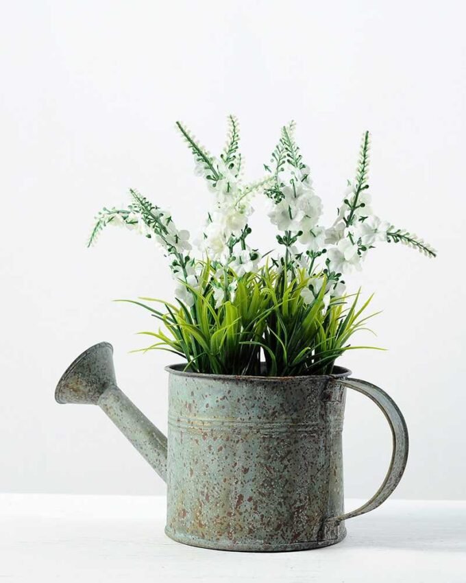 20cm White Lavender Silk Flower  in Metal Watering Can 1 20cm White Lavender Silk Flower  in Metal Watering Can