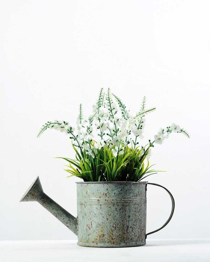 20cm White Lavender Silk Flower  in Metal Watering Can 3 20cm White Lavender Silk Flower  in Metal Watering Can