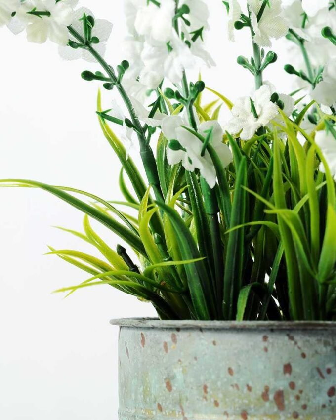 20cm White Lavender Silk Flower  in Metal Watering Can 4 20cm White Lavender Silk Flower  in Metal Watering Can
