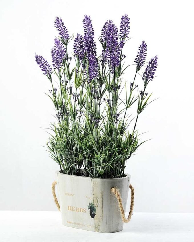 48cm Lavender Silk Flower  in Wooden Planter 1 48cm Lavender Silk Flower  in Wooden Planter