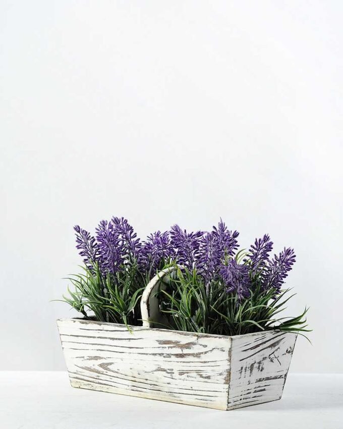 15cm Lavender Silk Flower in Wood Planter 1 15cm Lavender Silk Flower in Wood Planter