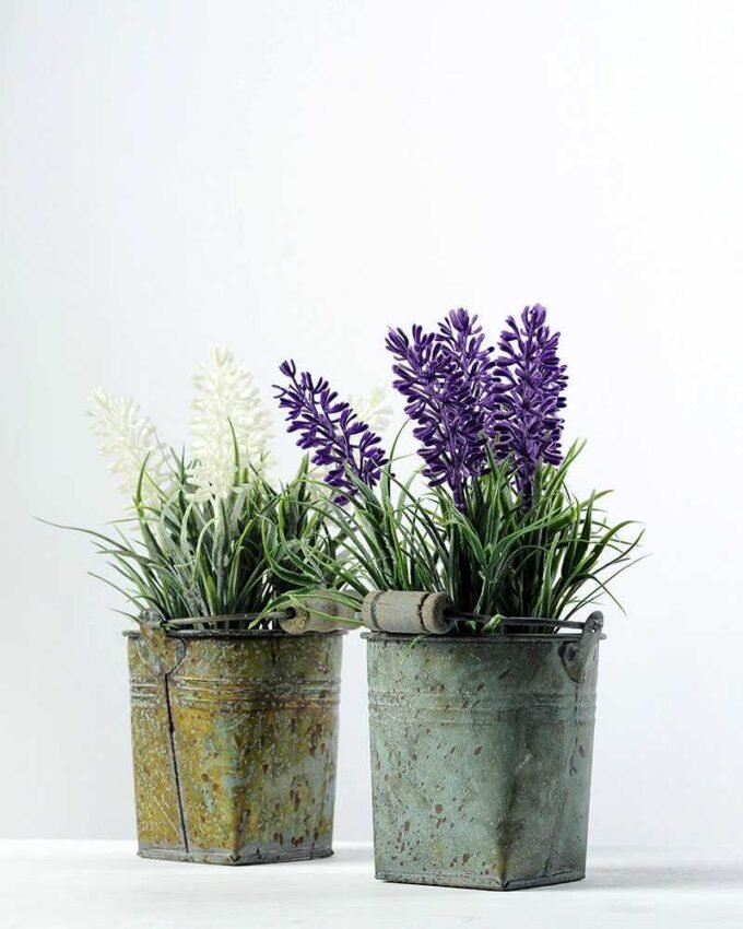 5 Head Lavender Silk Flower  in Metal Pot 4 5 Head Lavender Silk Flower  in Metal Pot