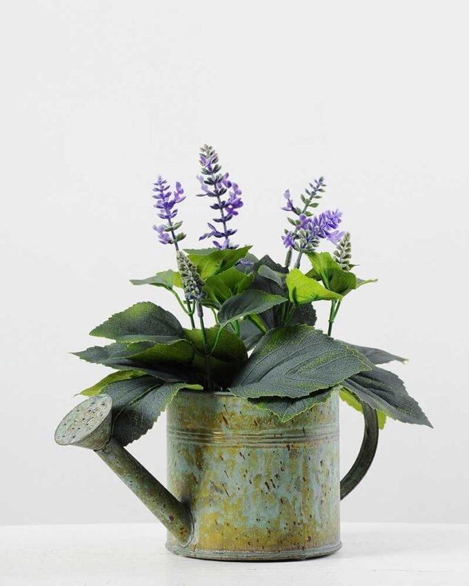 29cm Lavender Silk Flower  in Metal Watering Can 1 29cm Lavender Silk Flower  in Metal Watering Can