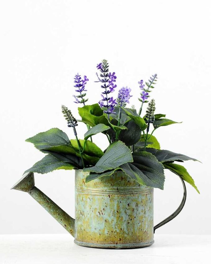 29cm Lavender Silk Flower  in Metal Watering Can 4 29cm Lavender Silk Flower  in Metal Watering Can
