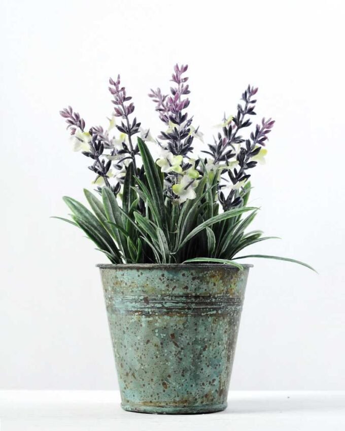 9 Head Lavender Silk Flower  in Metal Pot