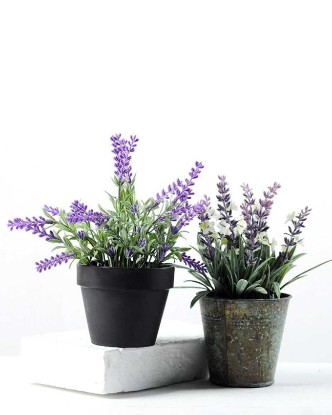 9 Head Lavender Silk Flower  in Metal Pot