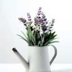 18cm Lavender Silk Flower  in Metal Watering Can