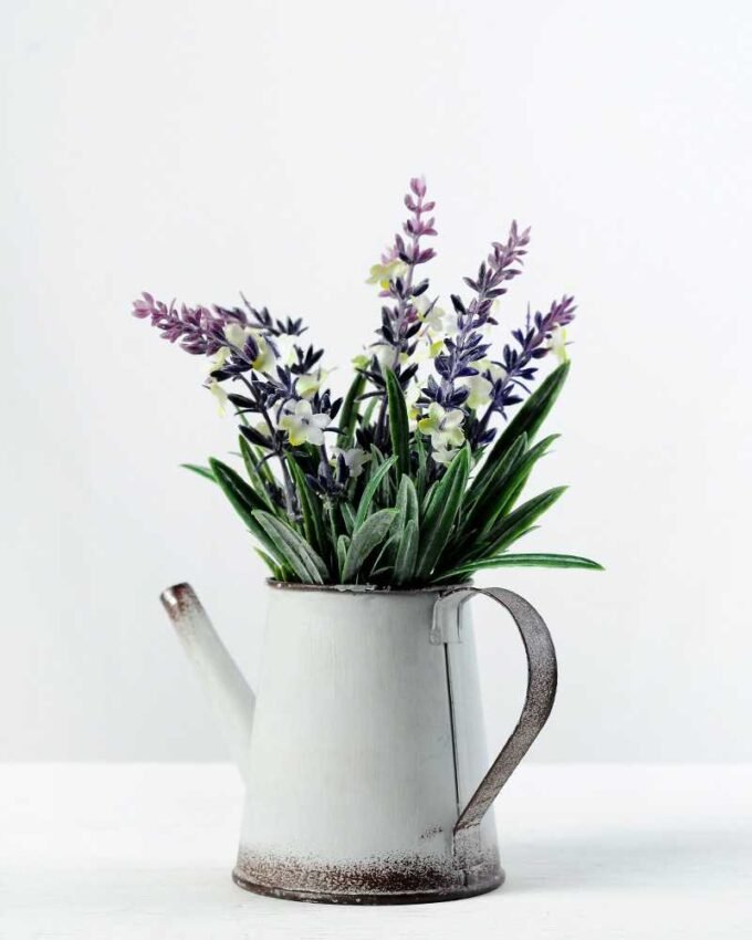 18cm Lavender Silk Flower  in Metal Watering Can 3 18cm Lavender Silk Flower  in Metal Watering Can