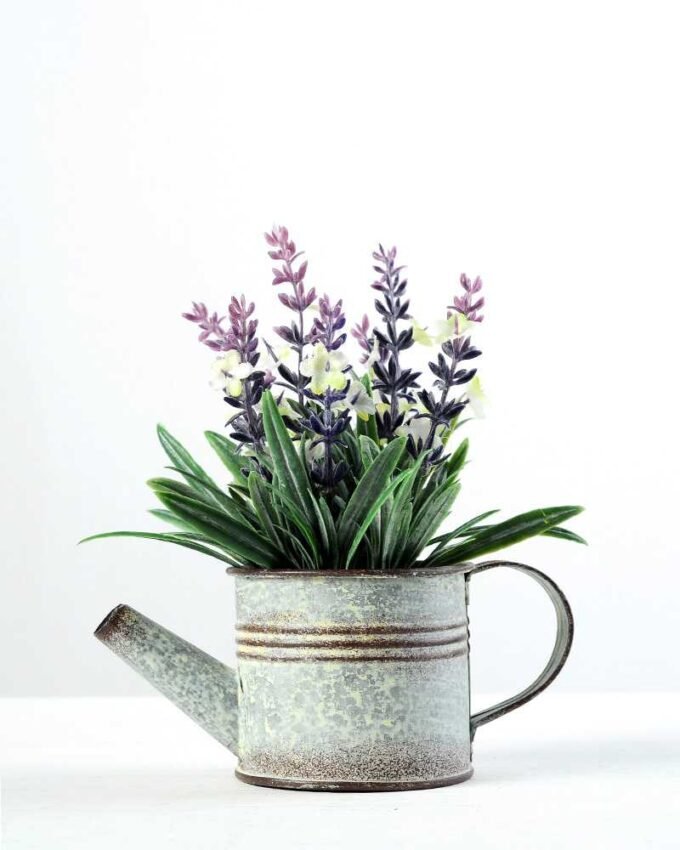 15cm Lavender Silk Flower  in Metal Watering Can 3 15cm Lavender Silk Flower  in Metal Watering Can