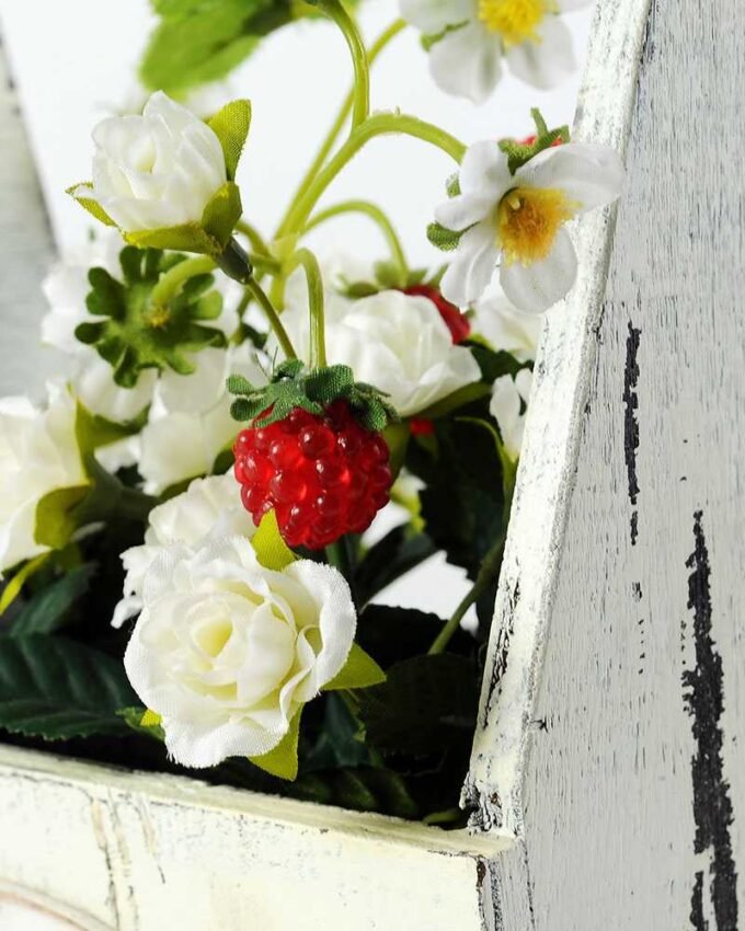 22cm Mini Rose And Berry With Wood Planter Silk Flower Arrangement 2 22cm Mini Rose And Berry With Wood Planter Silk Flower Arrangement