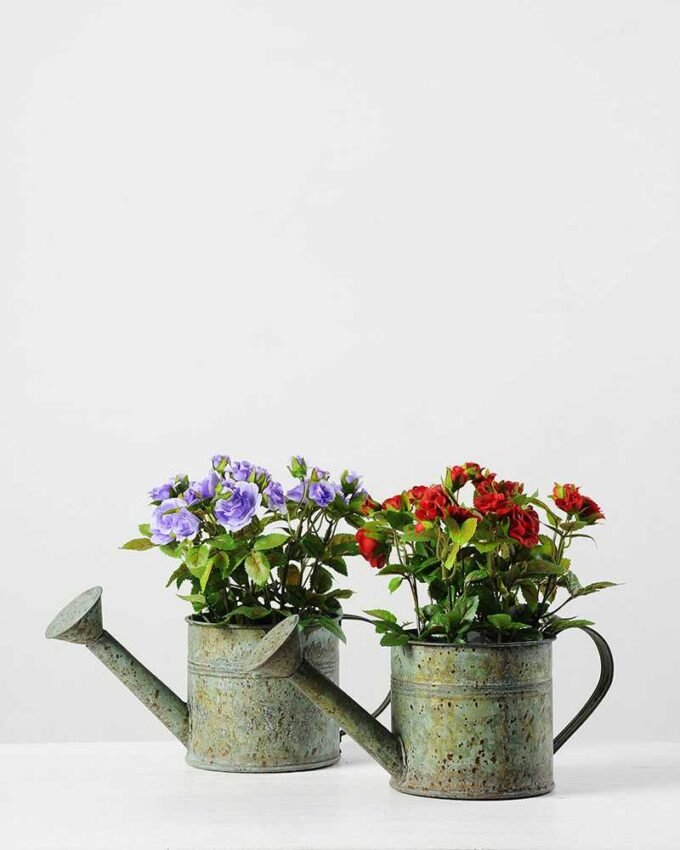 Reali Mini Rose Silk Flower  in Metal Pot