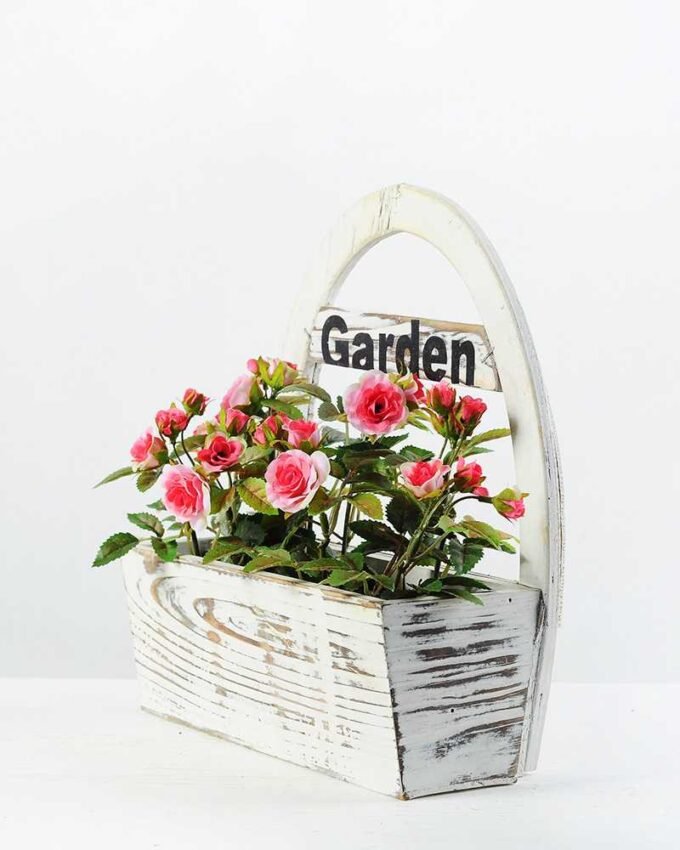 25cm Mini Rose With Wood Planter Silk Flower Arrangement 2 25cm Mini Rose With Wood Planter Silk Flower Arrangement