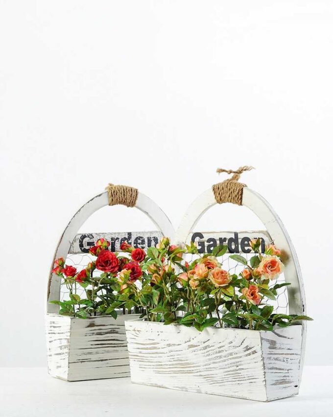 25cm Mini Rose With Wood Planter Silk Flower Arrangement 4 25cm Mini Rose With Wood Planter Silk Flower Arrangement