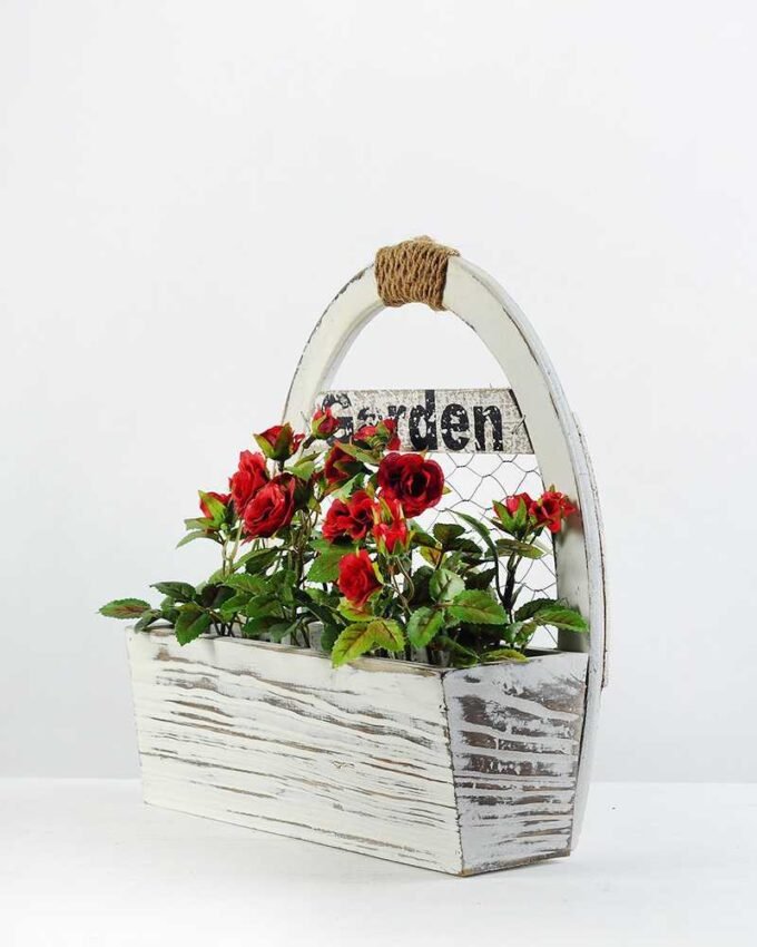 25cm Mini Rose With Wood Planter Silk Flower Arrangement 5 25cm Mini Rose With Wood Planter Silk Flower Arrangement