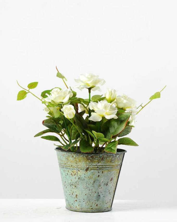 20cm Mini Rose Silk Flower  in Metal Pot