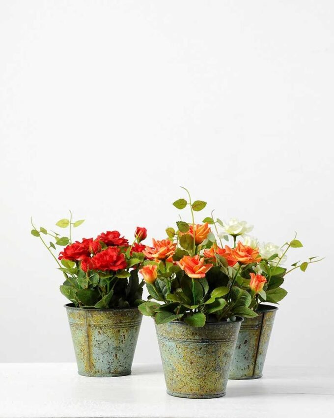 20cm Mini Rose Silk Flower  in Metal Pot
