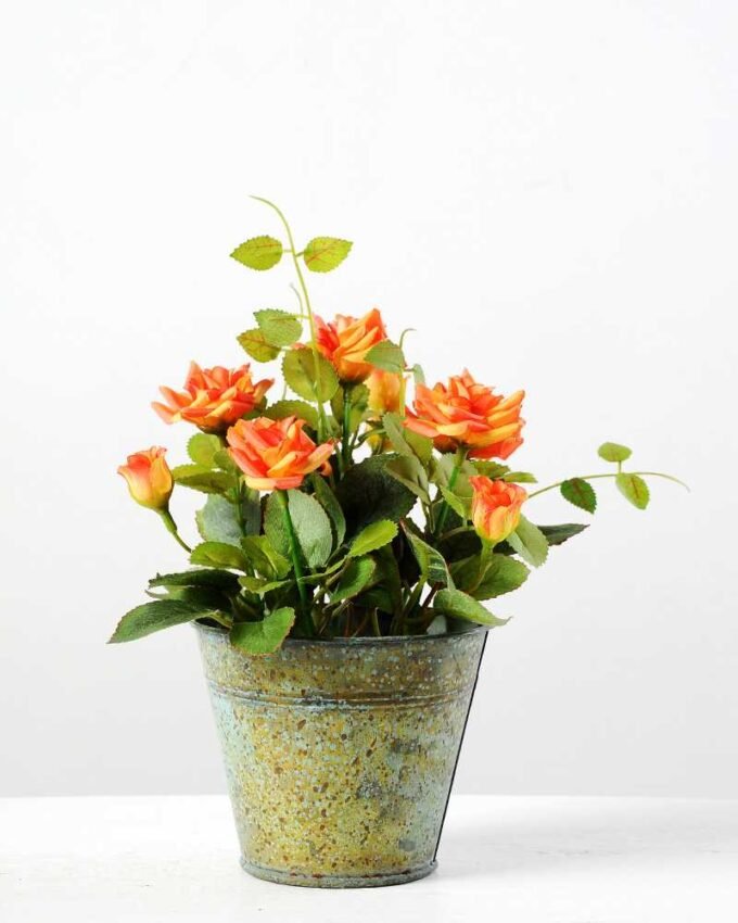 20cm Mini Rose Silk Flower  in Metal Pot