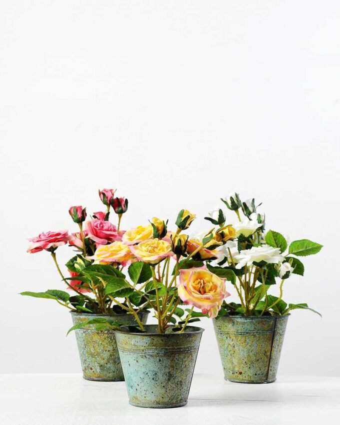 25cm Rose Silk Flower  in Metal Pot