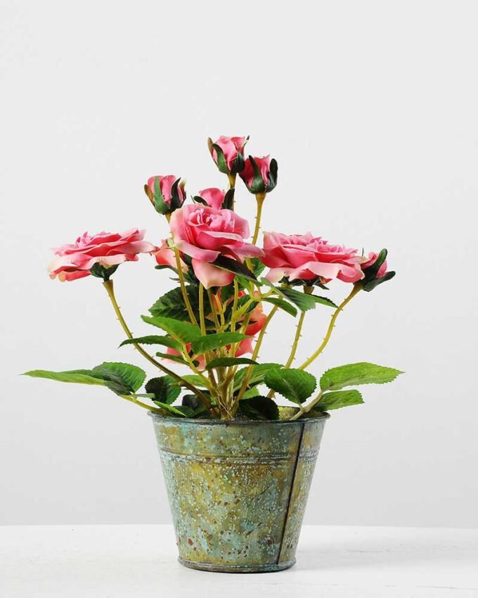 25cm Rose Silk Flower  in Metal Pot
