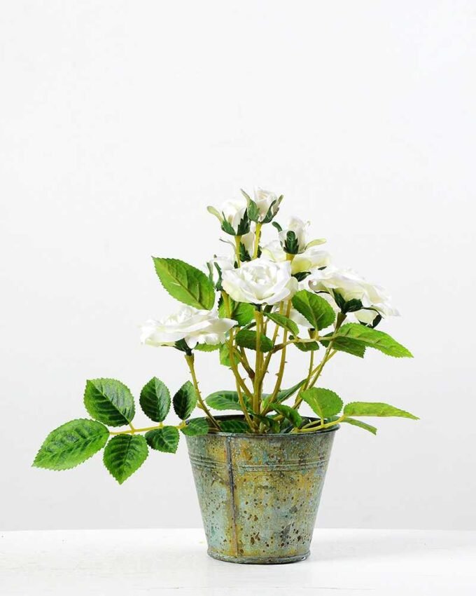 25cm Rose Silk Flower  in Metal Pot