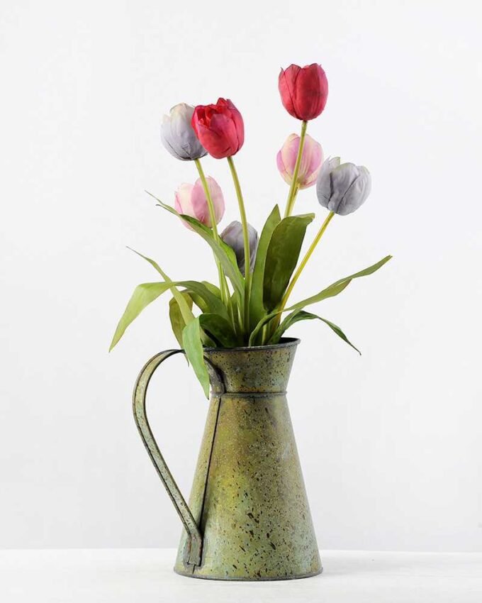 45cm Tulip With Metal Jug Silk Flower Arrangement 4 45cm Tulip With Metal Jug Silk Flower Arrangement