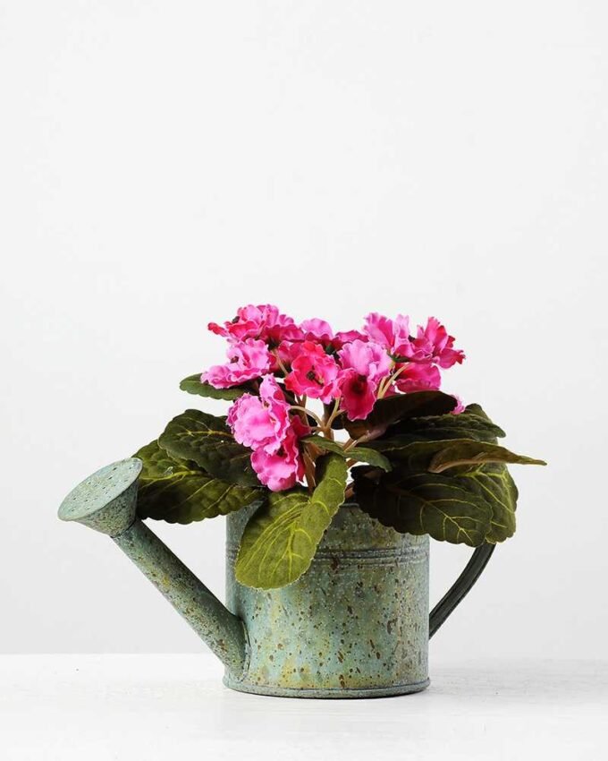 19cm Violet Silk Flower  in Metal Watering Can 1 19cm Violet Silk Flower  in Metal Watering Can