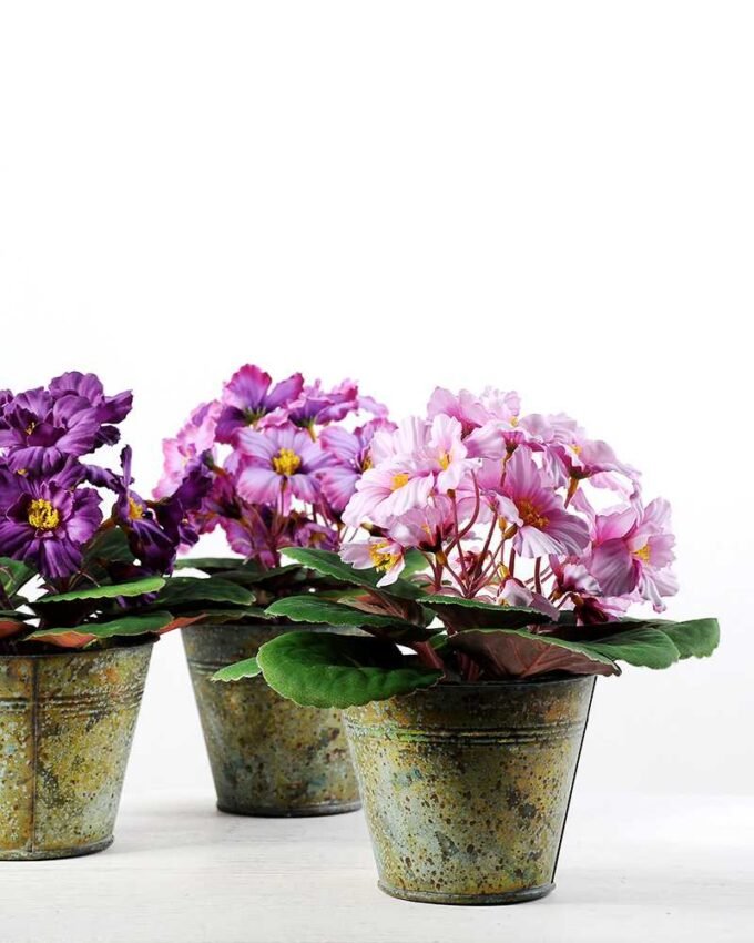 19cm Violet Silk Flower in Metal Pot 3 19cm Violet Silk Flower in Metal Pot