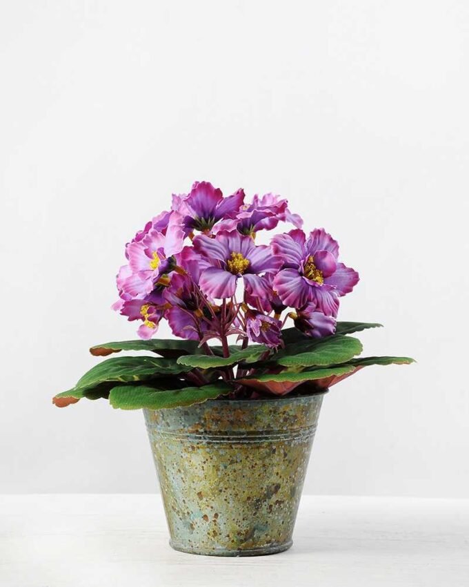 19cm Violet Silk Flower in Metal Pot 10 19cm Violet Silk Flower in Metal Pot