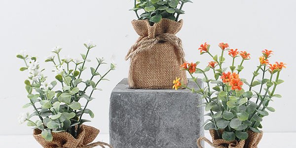 YEAHFLOWER Mini Rural Plastic Artificial Flowers Potted Plant Bonsai Sack Cloth