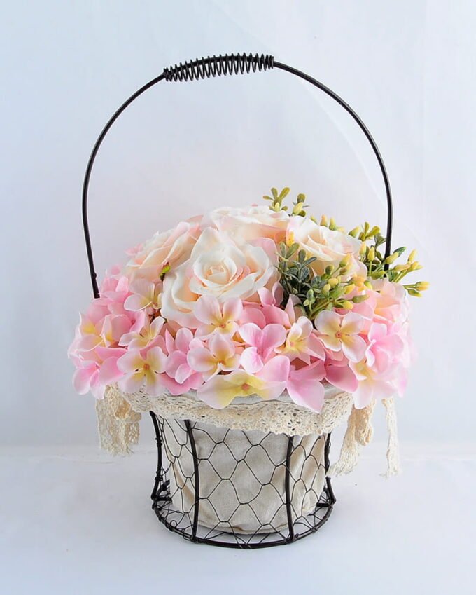 Artificial Flower 25*25*37cm rose hydrangea in metal frame with flax bag GS-06919023-P1