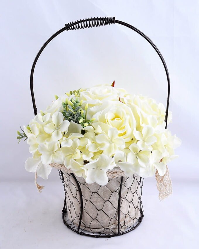Artificial Flower 25*25*37cm rose hydrangea in metal frame with flax bag GS-06919023-W1