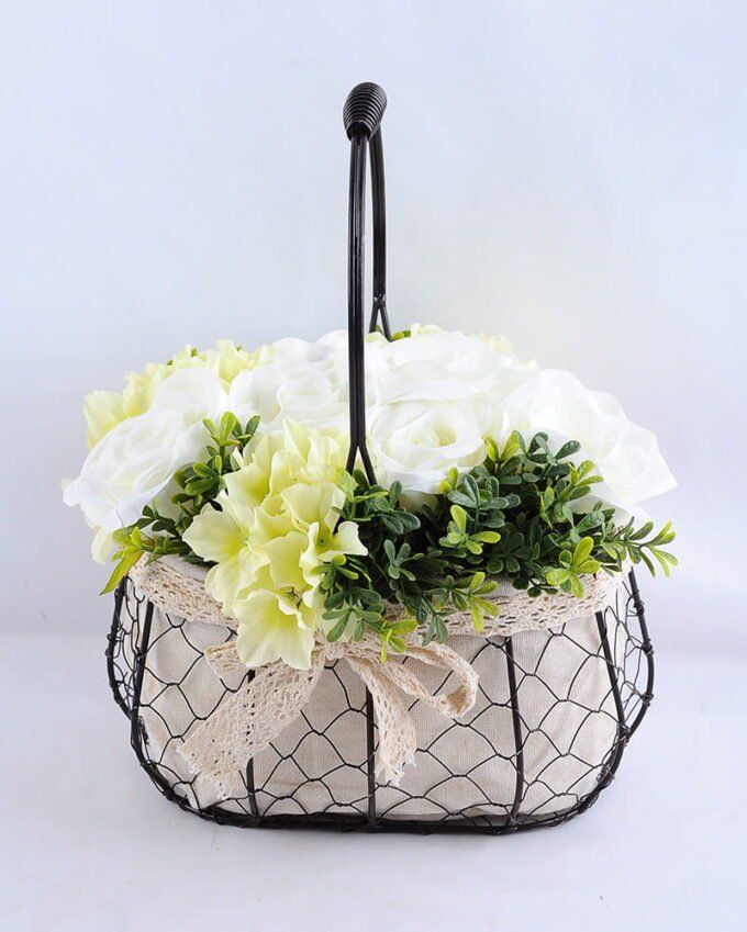 Artificial Flower 27*20*30cm rose hydrangea in metal frame with flax bag GS-06919024-W1