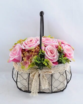 Artificial Flower 27*20*30cm rose hydrangea in metal frame with flax bag GS-06919024-Z1