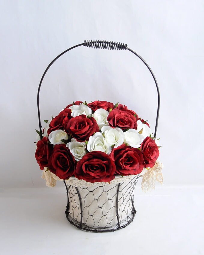 Artificial Flower 25*25*36cm rose in metal frame with flax bag GS-06919025-R2 1 Artificial Flower 25*25*36cm rose in metal frame with flax bag GS-06919025-R2