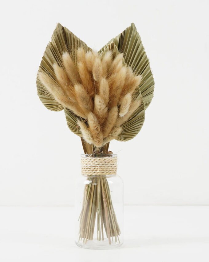 Dried Flowers 30cm Kwai Leaf &rabbit tail grass bouquet in glass pot (295g) GS-56622021JJA Bouquet YeahFlower is one of Chinese leading OEM manufacturers and exporters , supplying the silk flowers, wholesale artificial trees
