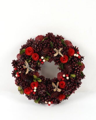 Artificial Flower 38*38*10CM Red pinecone and woodcurl wreath GS-66222069 Christmas Item YeahFlower is one of Chinese leading OEM manufacturers and exporters , supplying the silk flowers, wholesale artificial trees