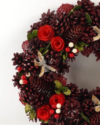 Artificial Flower 38*38*10CM Red pinecone and woodcurl wreath GS-66222069 Christmas Item YeahFlower is one of Chinese leading OEM manufacturers and exporters , supplying the silk flowers, wholesale artificial trees
